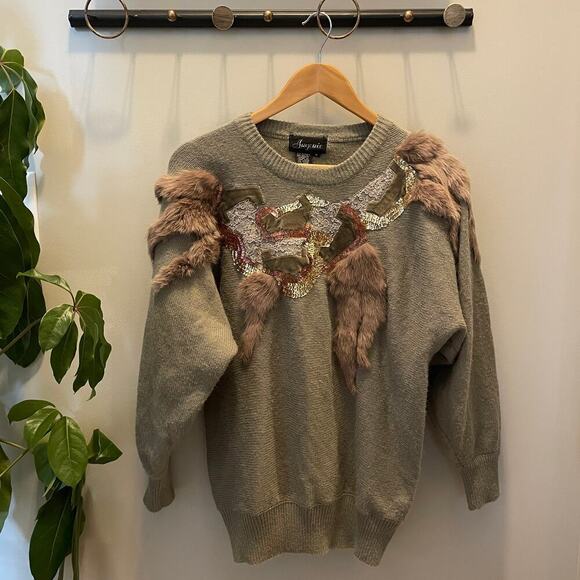 Vintage 80s Angenie Sequin & Fur Sweater | Statement Glam, Womens M, EUC, RARE - Picture 1 of 9